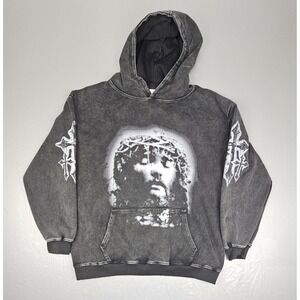 Vintage Jesus Hoodie Mens 2XL Black Christian Cross Sleeve Streetwear Grunge